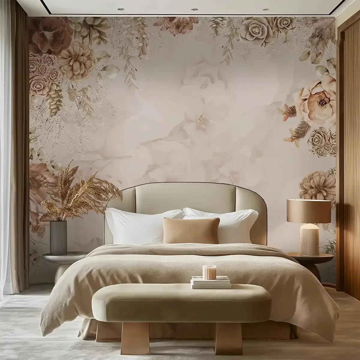 A pale floral wallpaper mural across the wall behind a softly dressed bed