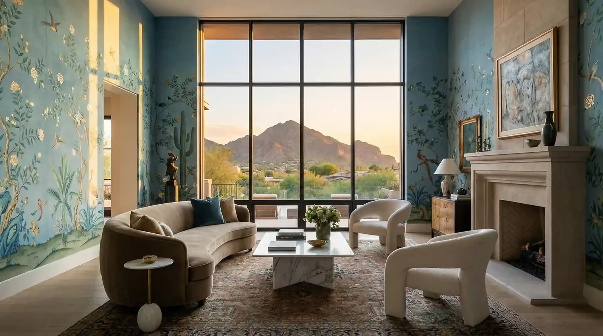 A leafy botanical wallpapered room with a bright window and seating